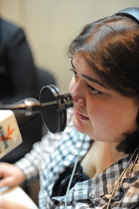 Khadija Ismayilova, an investigative journalist and presenter on Radio Free Europe/Radio Liberty's Azeri-language internet-only station Azadliq Radiosu, is seen during a live broadcast at Azadliq Radiosu's studio in Baku, Azerbaijan on October 31, 2011.